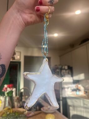 Handmade/hand beaded white Starfish keychain w/ Gold Trim and Blue Beaded chain